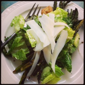 Caesar salad with shaved Romano and grilled asparagus